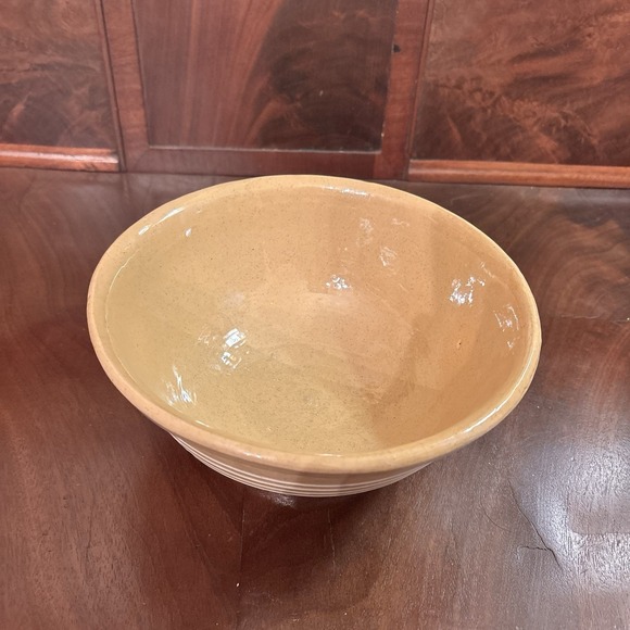 Antique Yellow Ware Mixing Bowl 7 3/4" Stoneware 4 White Slip Bands Primitive - Picture 2 of 8